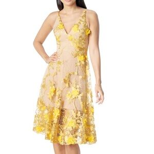 🎉On Sale Gorgeous 3D yellow nude mesh-lace midi dress with spaghetti strap -Sz S